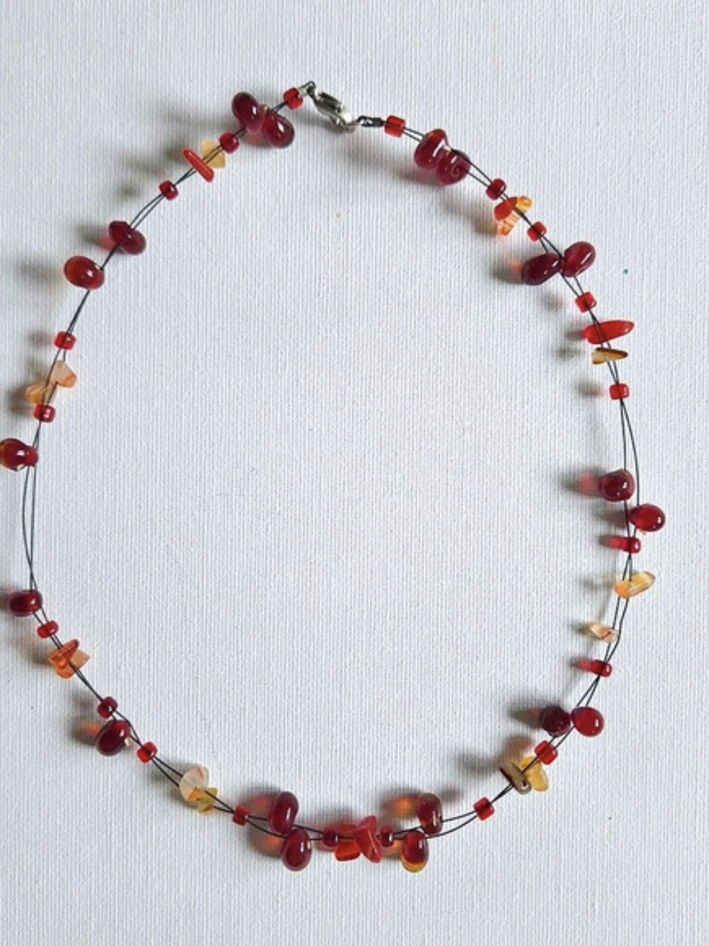 Vintage Red Amber Glass Bead Floating Strand Choker Necklace Carnelian Chip